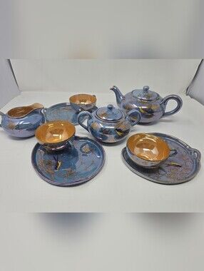 Vintage 1920 Iridescent Blue & Gold Bird Motif Tea Set – Made in Japan